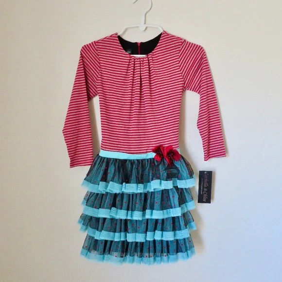 Isabella & Chloe Dresses | Nwt Isabella & Chloe Striped Knit Dress Tiered Ruffled Tulle Skirt Girls Size 8 | Color: Blue/Red | Size: 8g |